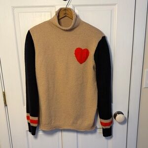 Made with Love, Women’s Tan & Black Turtleneck Sweater with Red Heart Size L
